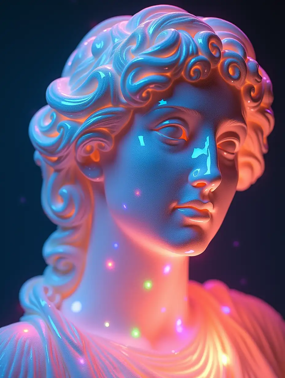 closeup, in a colorful complex magical ethereal world, greek marble sculpture goddess, transparent glass rainbow hue, glowing, neon, translucent, profile picture, avatar,rainbow hue, psychedelic dmt vibe, 3D Sculpt,Glowwave