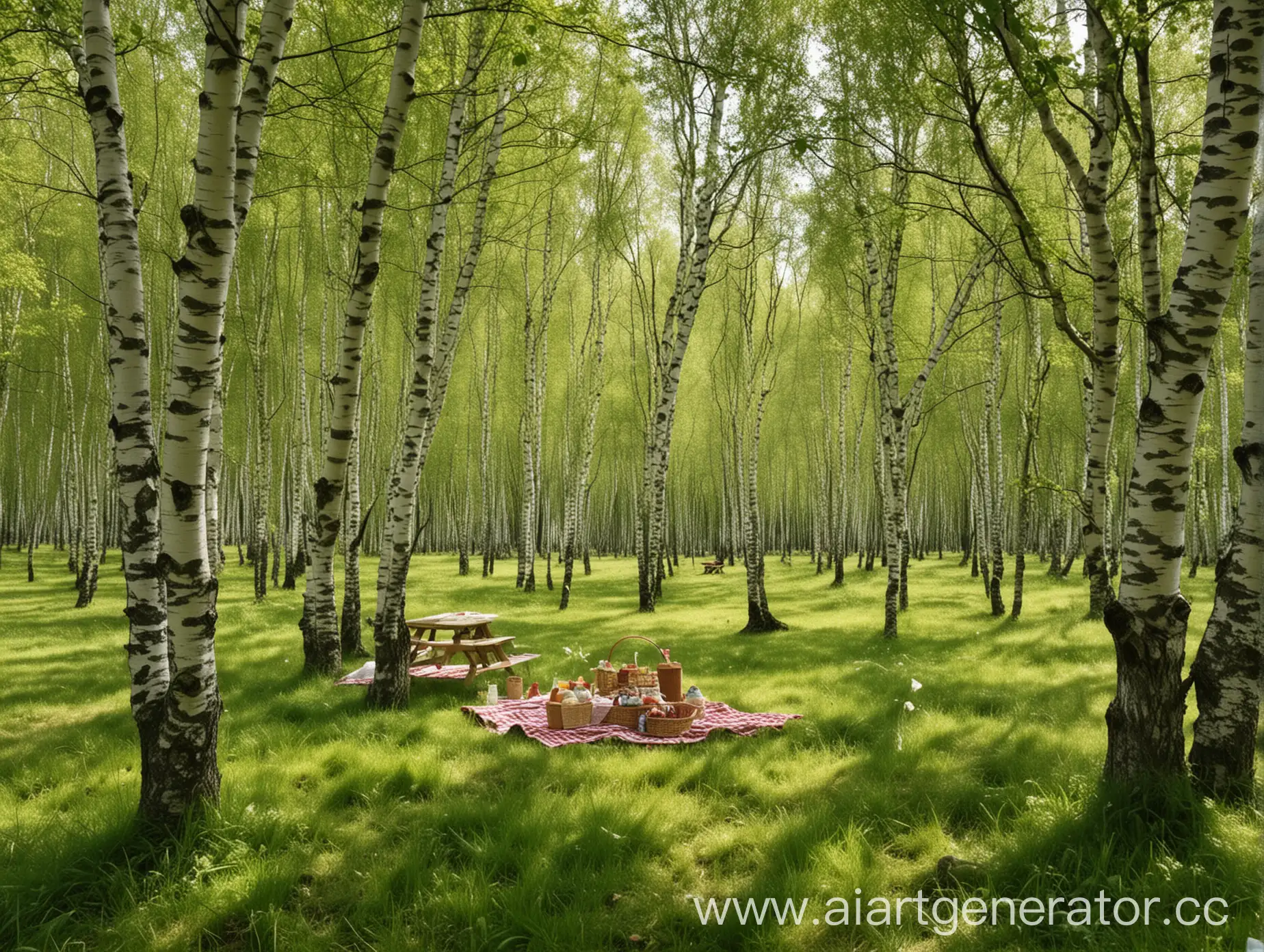 Serene-Picnic-Scene-Under-a-Birch-Tree-in-a-Glade