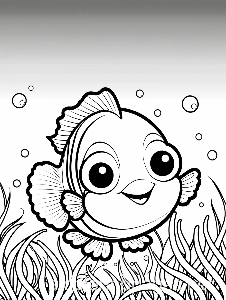 chibi style of a cute little blue clownfish in the ocean with white background , Coloring Page, black and white, line art, white background, Simplicity, Ample White Space. The background of the coloring page is plain white to make it easy for young children to color within the lines. The outlines of all the subjects are easy to distinguish, making it simple for kids to color without too much difficulty