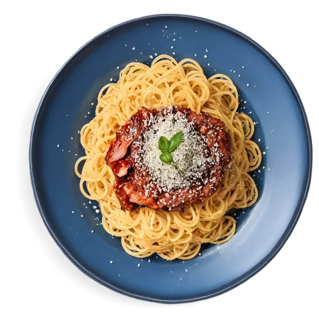 a dish of a michelin star restaurant with pasta on a plate with pieces of meat and parmesan on a dark blue plate