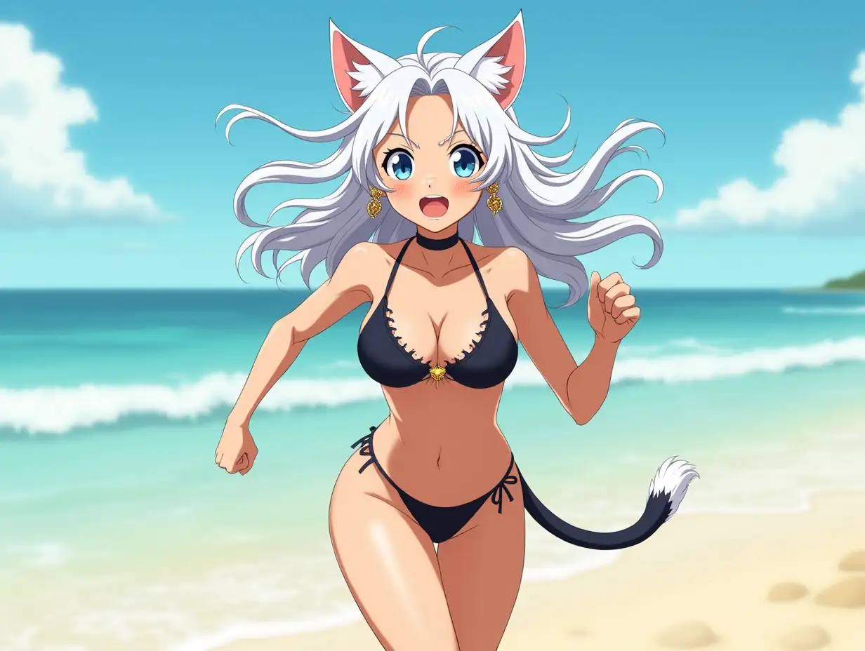 A mature adult feline/woman active running down a beach. Her 30-something years are disguised by her youthful facial features, except for her subtle wrinkles around the eyes, extremely slender body. Her ample bosom strains against her bikini, extreme cleavage.  Wearing black shoes. She has piercing blue cat eyes. A choker adorns her neck, a subtle hint at her feline nature. Her long, white hair cascades down her back like a wild waterfall, tangled and disheveled. Her cat-like teeth glint in the light, as her white fur-lined ears punctuate her visage with sparkling black and gold earring adorns each ear, adding a touch of elegance to her feline features. Cat whiskers on her face. The attached tail at the base of her spine stirs lazily.  Long fingernails. Full view. Anime.