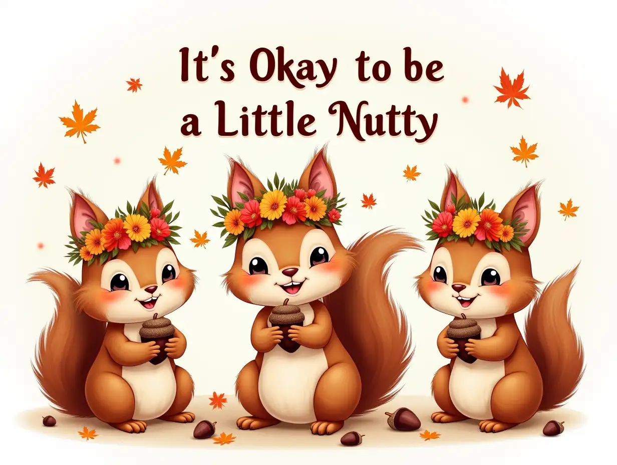 Vector,  Oil painting, 64k. Three playful squirrel wearing a vibrant floral crown, holding an acorn in its paws. The squirrel is surrounded by falling autumn leaves and scattered acorns. The overall style is whimsical and detailed, with a focus on the charm of the animal and the beauty of the season. featuring the word 'It's Okay to be a Little Nutty' in bold.