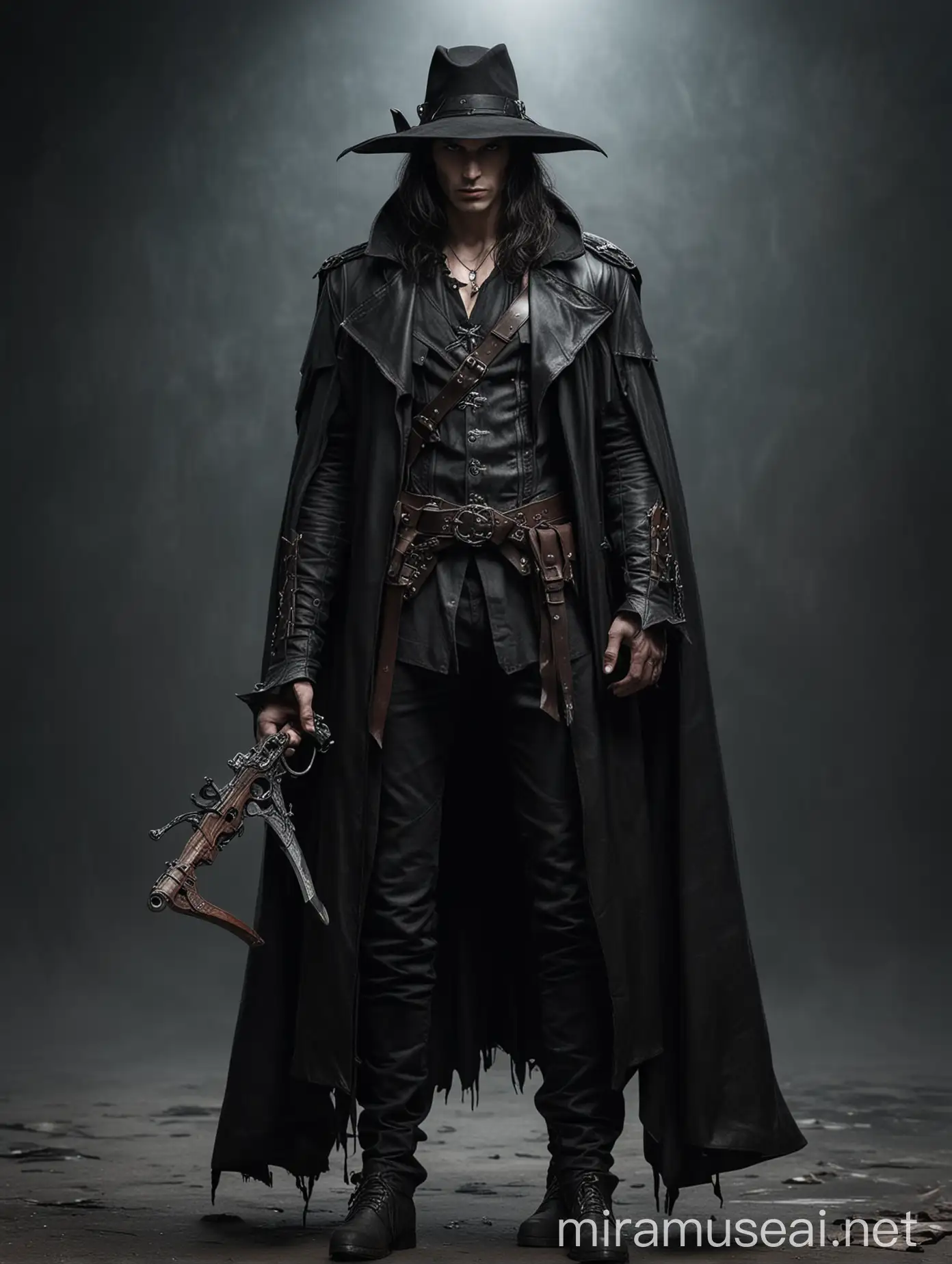 Dark Fantasy Male Vampire Hunter with Crossbow and Leather Cloak