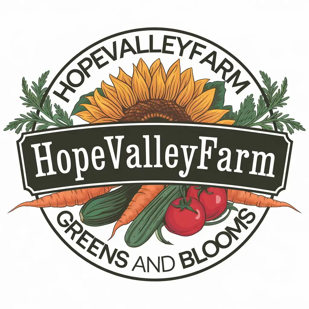 a vector logo design,with the text "hopevalleyfarm, greens and blooms", main symbol:sunflower,vegetables,Moderate,be used in agriculture industry,clear background