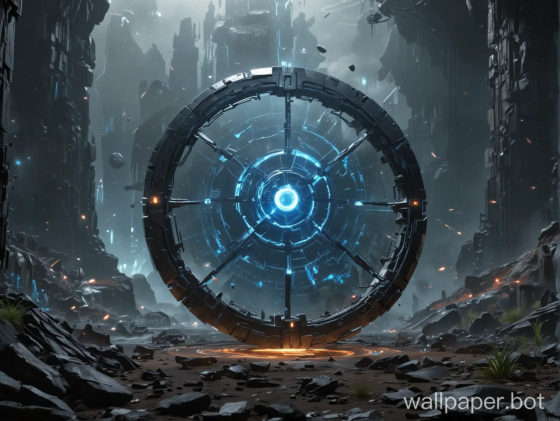 Create a 4K (3840×2160) ultra-HD landscape wallpaper featuring the name 'STRANGE' as the dominant centerpiece. Style the name in a bold, Avengers-inspired metallic font with a Vibranium texture — deep black metal with glowing blue kinetic veins running through it. Add subtle scratches and battle marks for realism. Surround the text with Stark Tech holograms: floating HUD interfaces, arc reactor rings, and interactive blueprint-style projections. The background should resemble a futuristic warzone or high-tech Avengers command center — dimly lit with glowing panels, sparks, and smoke. Include cinematic lighting, strong rim lights, and subtle particle effects. Enhance the realism with high detail, lens flares, and a slightly dramatic tone. Make it look like a tribute to a legendary hero, combining sci-fi realism with epic Marvel energy.