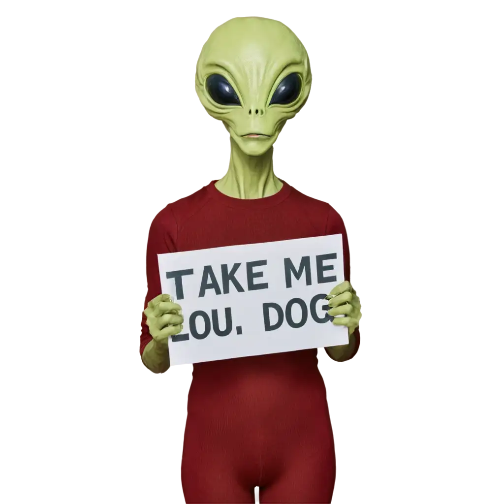 An alien from outer space holding a sign that reads 'Take me to Lou Dog'