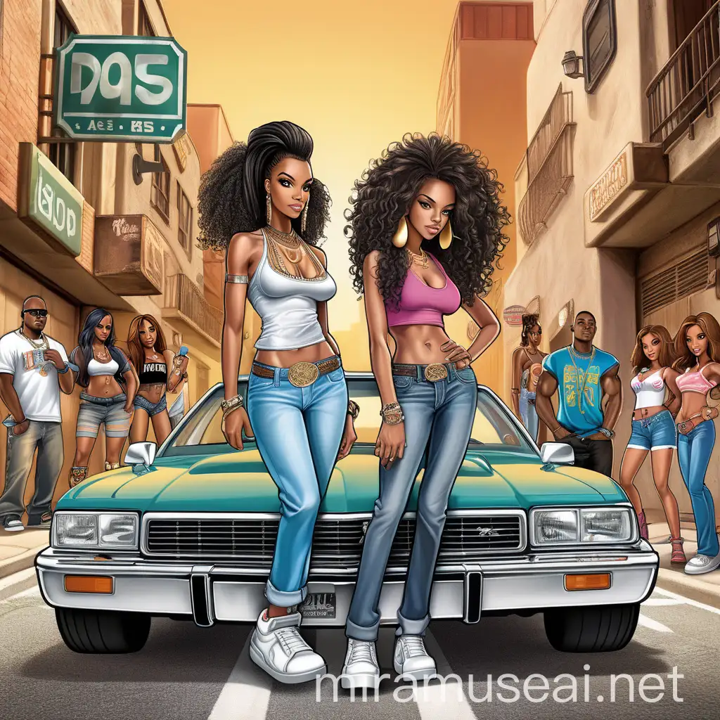 West Coast Hip Hop Album Cover Featuring Captivating Women in a Stylish Car Alley