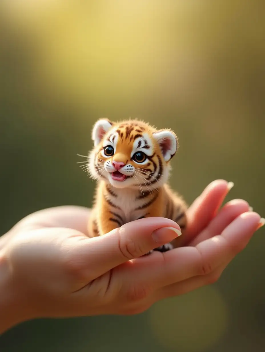 Create a hyper-realistic image of a tiny Cute TIger, small enough to fit in the palm of a human hand. The animal should appear detailed and slightly fluffy, with a whimsical and adorable expression. Position the animal slightly farther from the camera to clearly showcase its tiny size, while still capturing the intricate details. The background should be softly blurred, natural, and warmly lit, emphasizing the delicate proportions of the scene without overwhelming the subject.