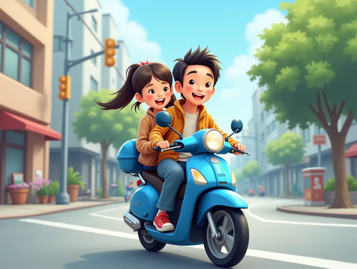 cartoon character, asian couple, riding blue Honda motorcycle, go along the busy street