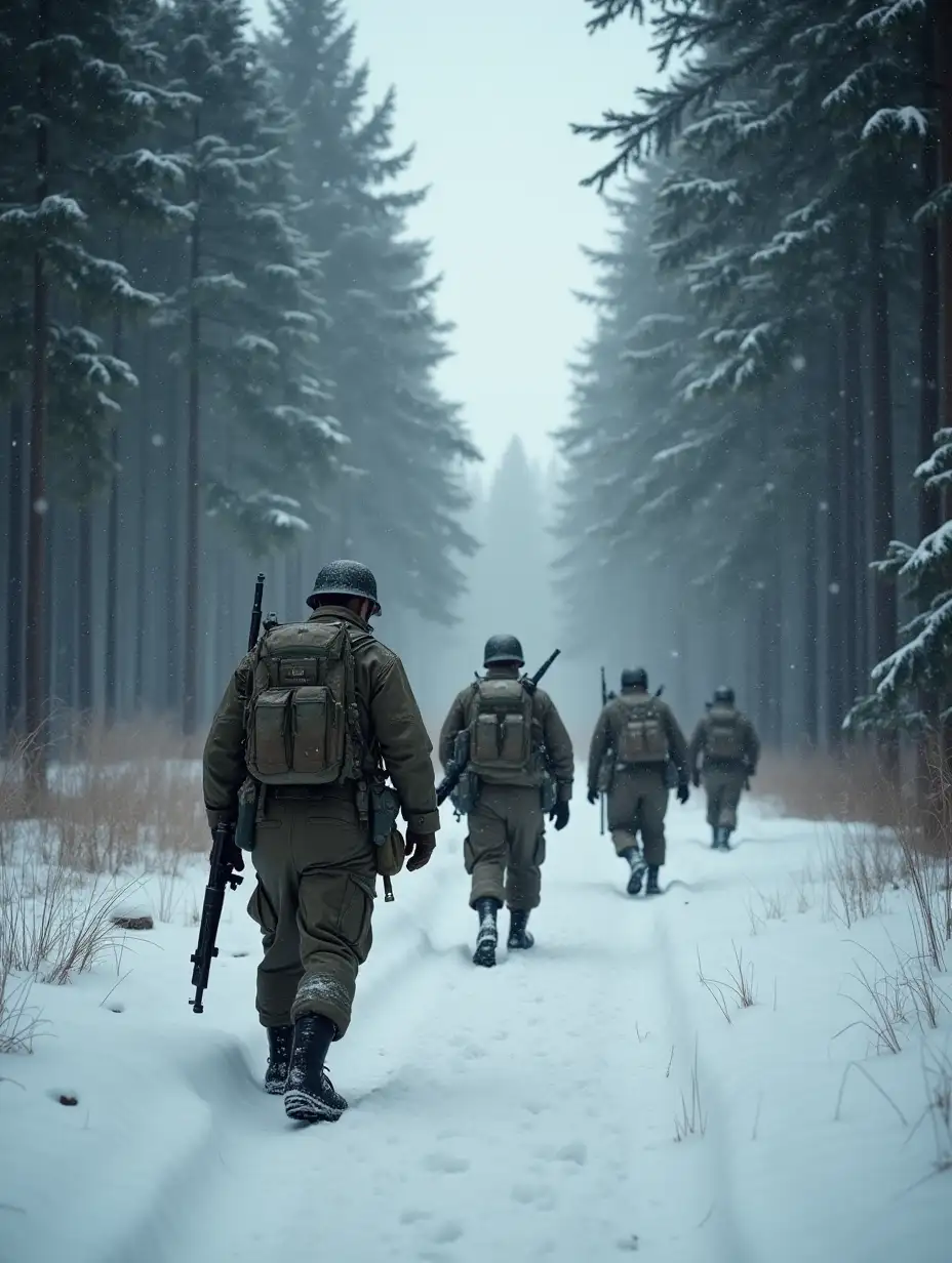 American Soldiers Marching Through Dense Forest During Snowstorm