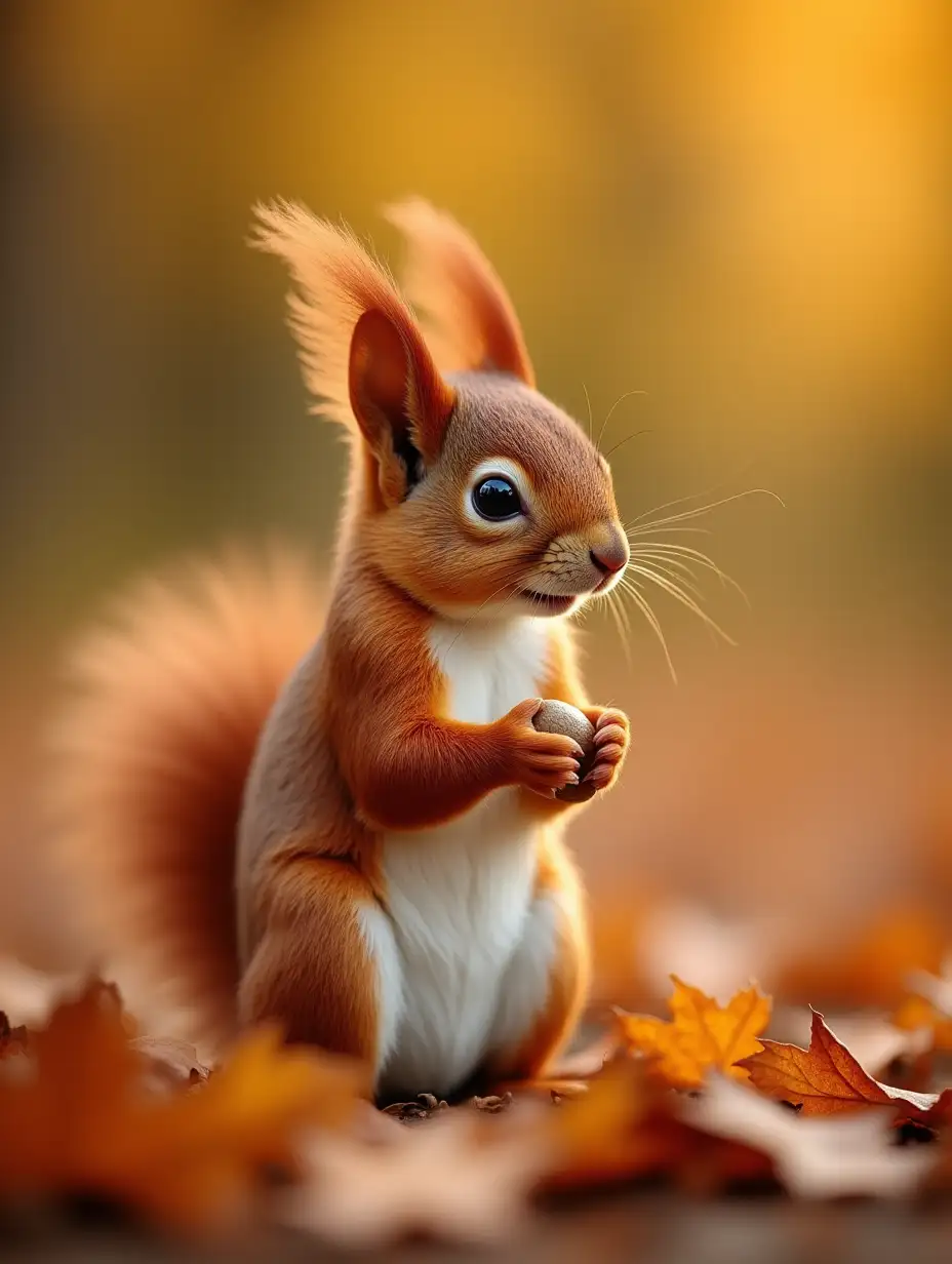 A red squirrel in profile sitting among fallen autumn oak leaves, photographed in soft natural lighting. The squirrel has vibrant rusty-red fur with a lighter cream-colored belly, and is holding a small nut in its paws. The background is blurred with warm golden-brown bokeh effects. The fallen leaves are in rich amber and brown tones scattered across the ground. Sharp focus on the squirrel's features while maintaining a shallow depth of field. Shot during golden hour with warm, natural lighting highlighting the squirrel's fur and ears.