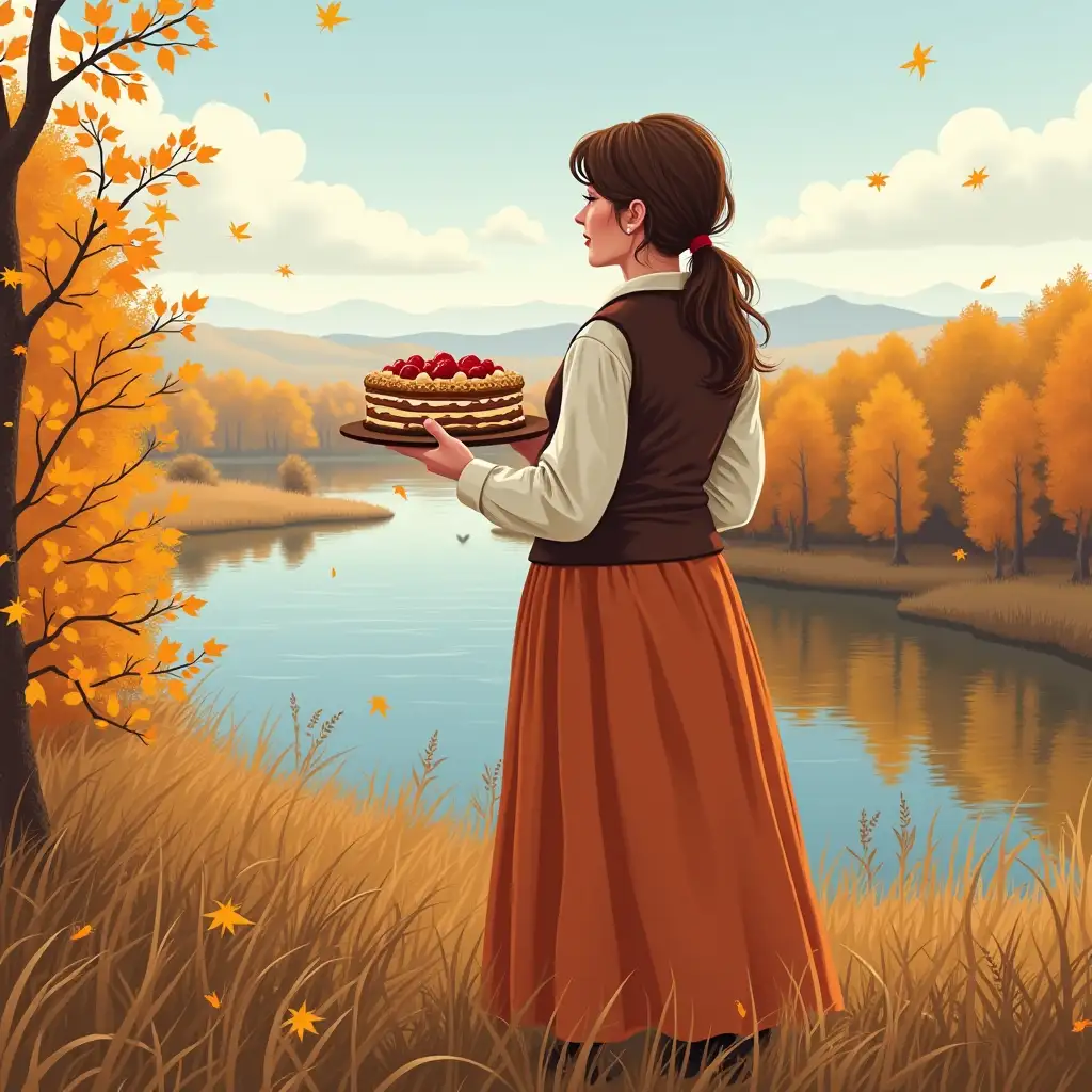 A beautiful autumn in Siberia. Panorama. Below the Yenisey. Vector drawing. Like a beautiful postcard. A woman, somewhat full-figured. At the age of 57. Long brown hair, gathered in a ponytail. Without a headscarf. In a long dark orange dress and a brown vest. With long sleeves Woman holds a cake.