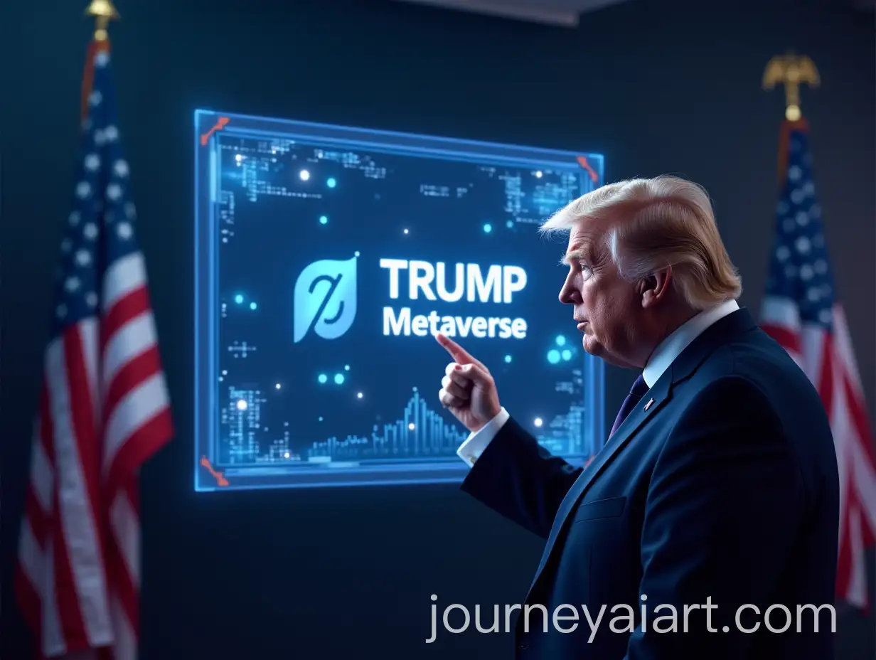 Donald-Trump-Presenting-TRUMP-Metaverse-and-NFT-Platform-with-Digital-Charts-and-American-Flags