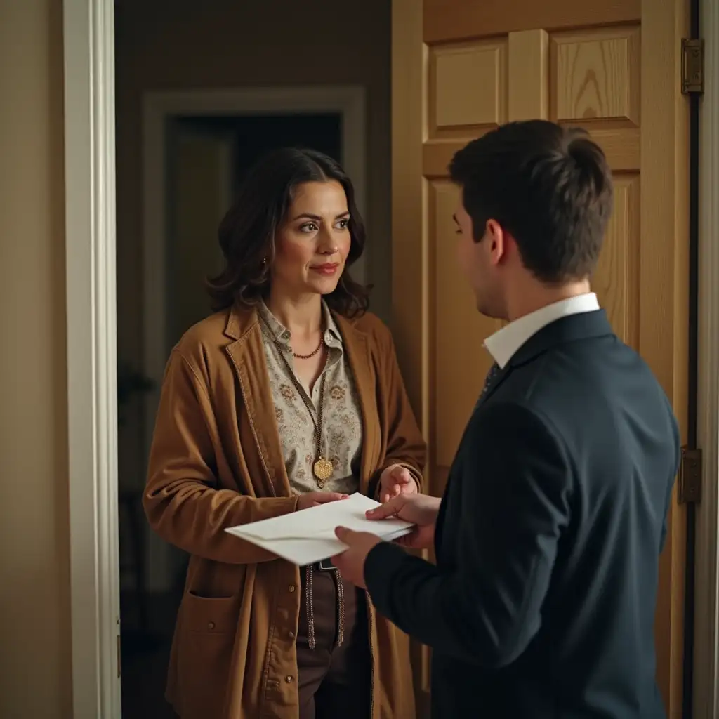 Clara, Lily’s mother, is a kind and resilient woman with warm brown eyes and dark hair often tied standing at the open door with a business young man, offering her a an envelope, with excitement on her face