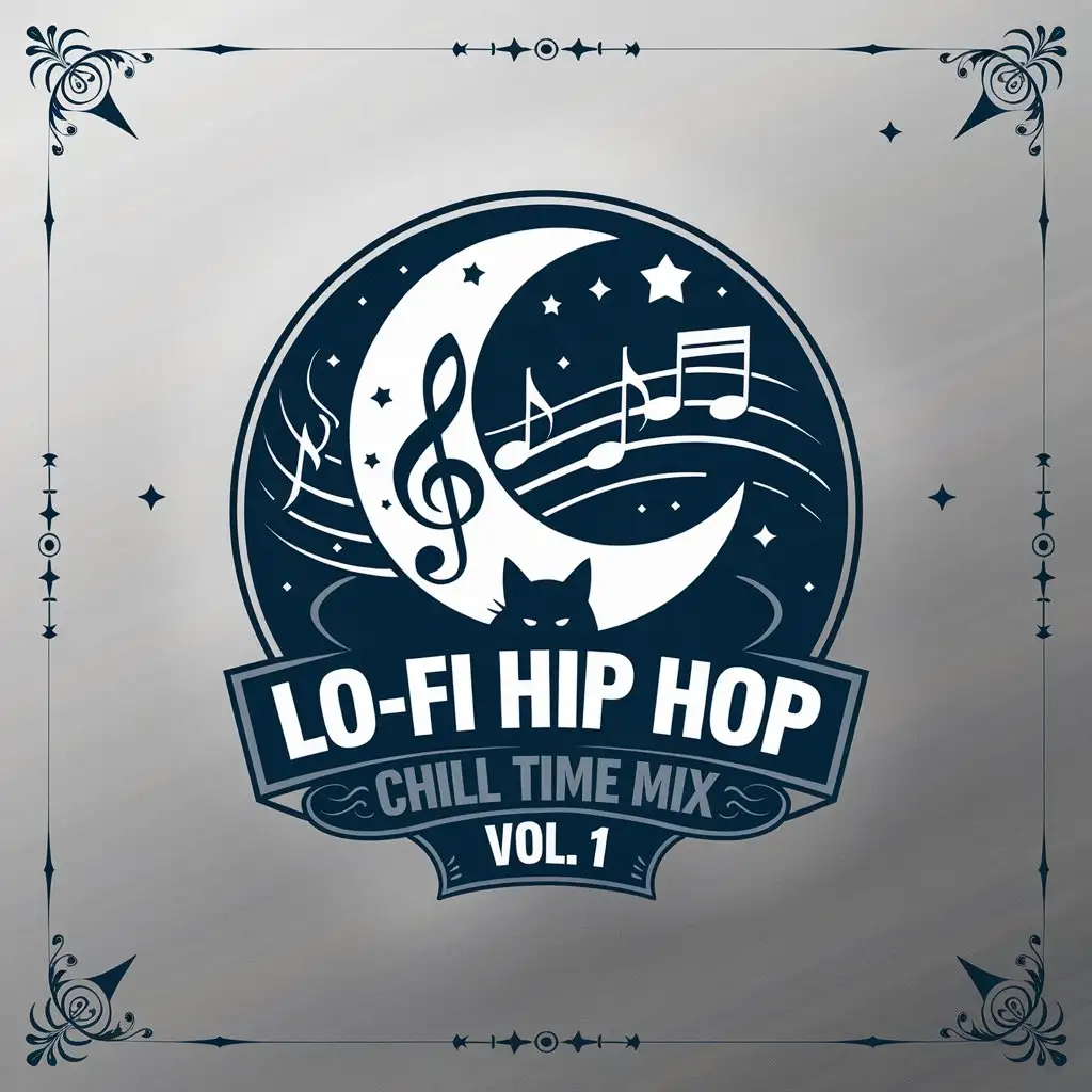 LOGO Design for Lofi Hip Hop Chill Time Mix Vol1 Moon Cat Stars and Musical Notes in Monochrome Blue White