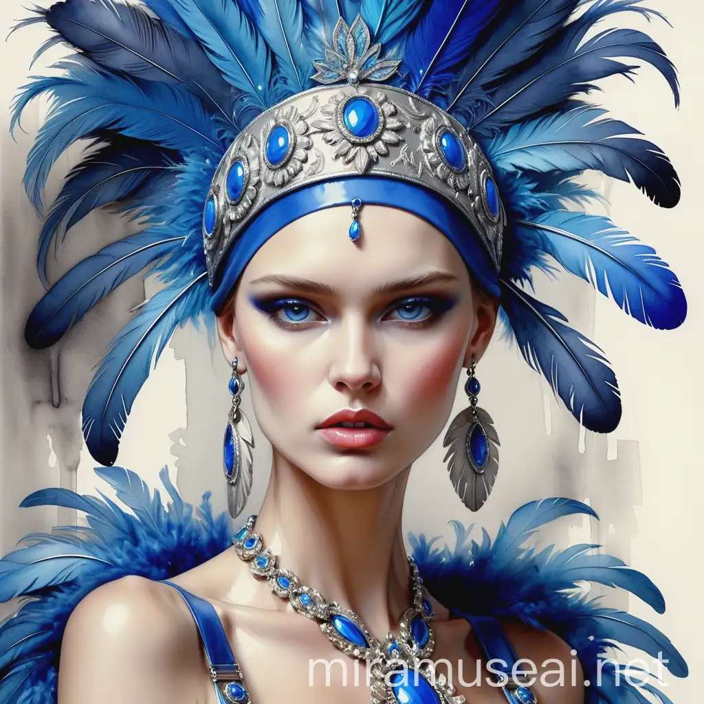 Beautiful Russian Woman with Blue Feathers and Haute Couture