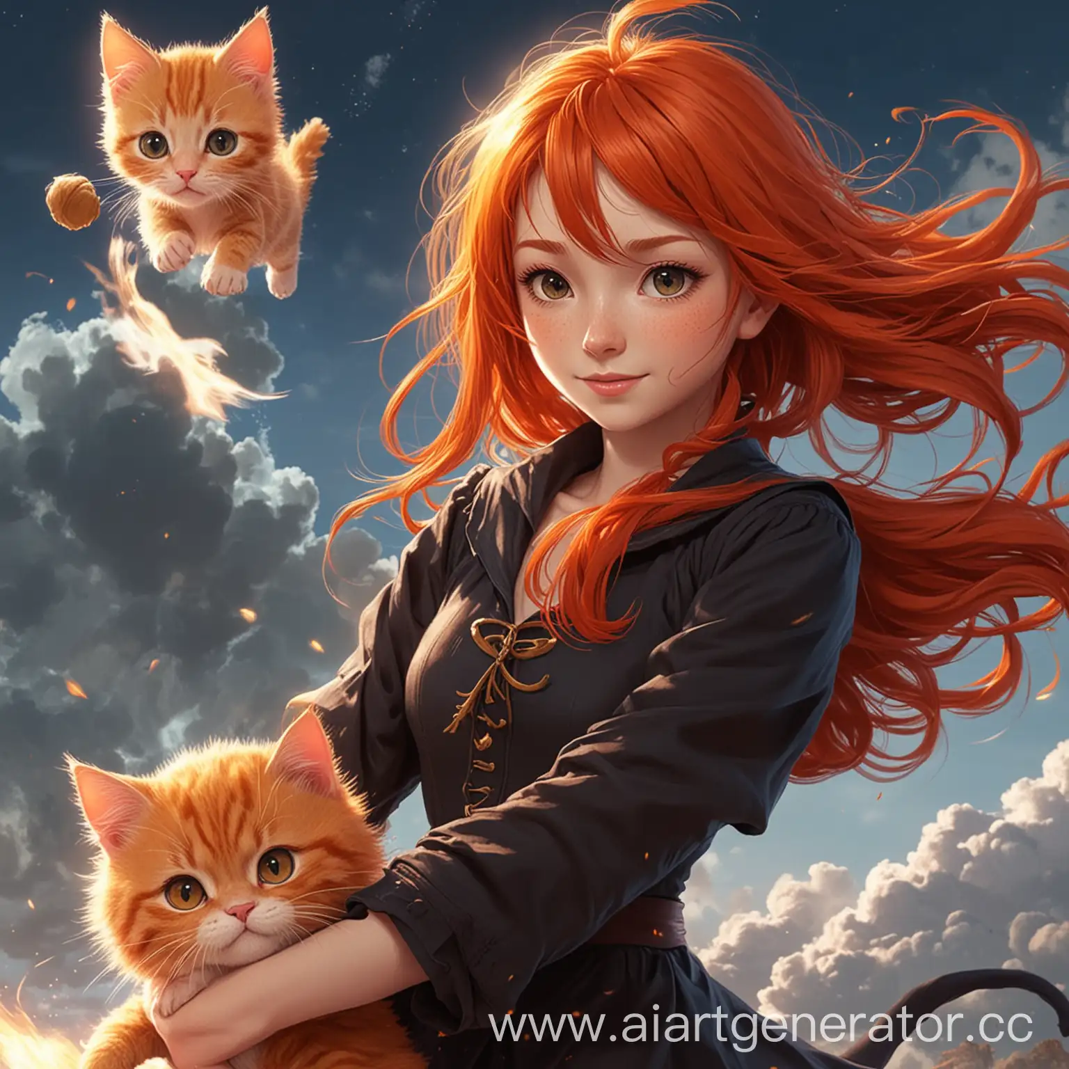 Enchanted-Girl-Soaring-with-Ginger-KittyWizard-in-Realistic-Anime-Style