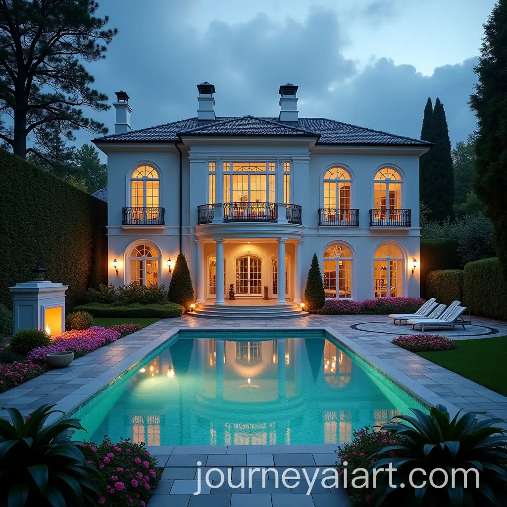 Mixed-Modern-and-Neoclassical-White-Villa-with-Beautiful-Garden-and-Swimming-Pool-at-Night