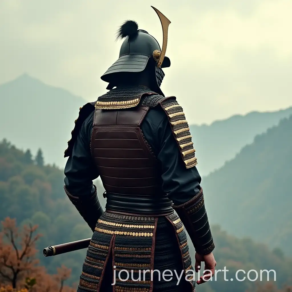 Japanese-Samurai-in-Leather-Armor-Looking-Over-Shoulder-with-Nature-Background