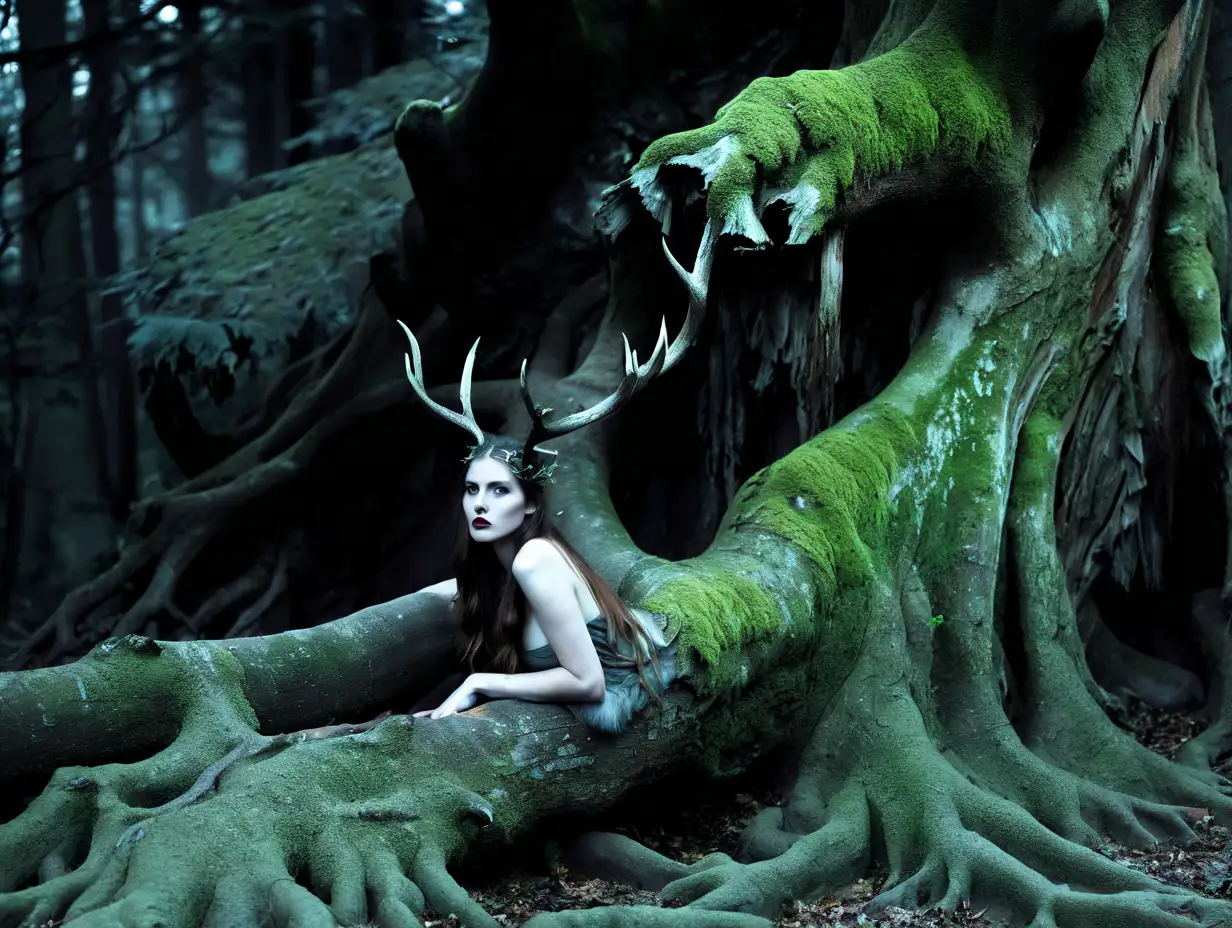 Enchanting Pale Woodland Siren Emerges from Dark Wicked Woods