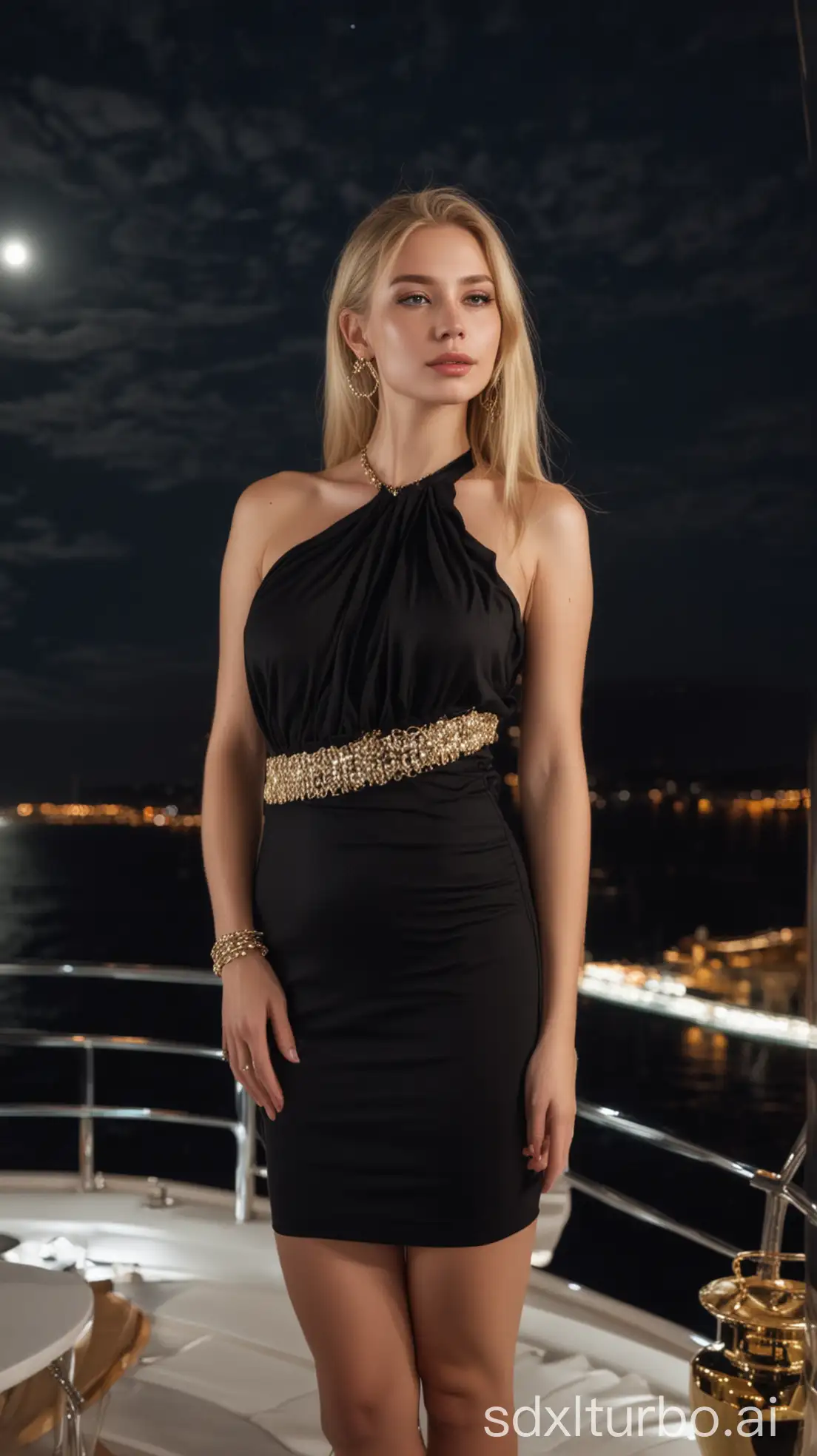 nice blonde girl with white skin wearing tight black elegant dress, has gold jewelry, on a luxurious yacht, in the background you can see the night sea and full moon, whole body