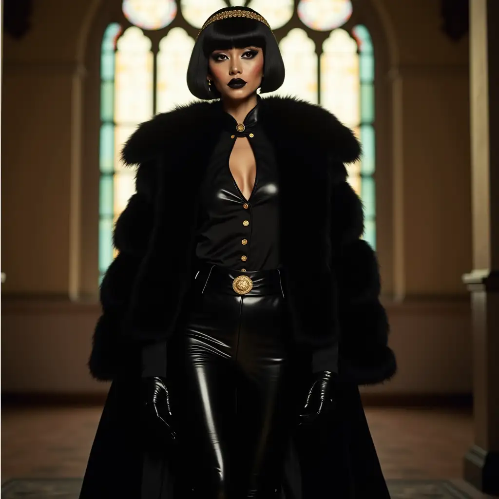 Fashionable-Woman-in-Black-Fur-Coat-with-Stained-Glass-Backdrop