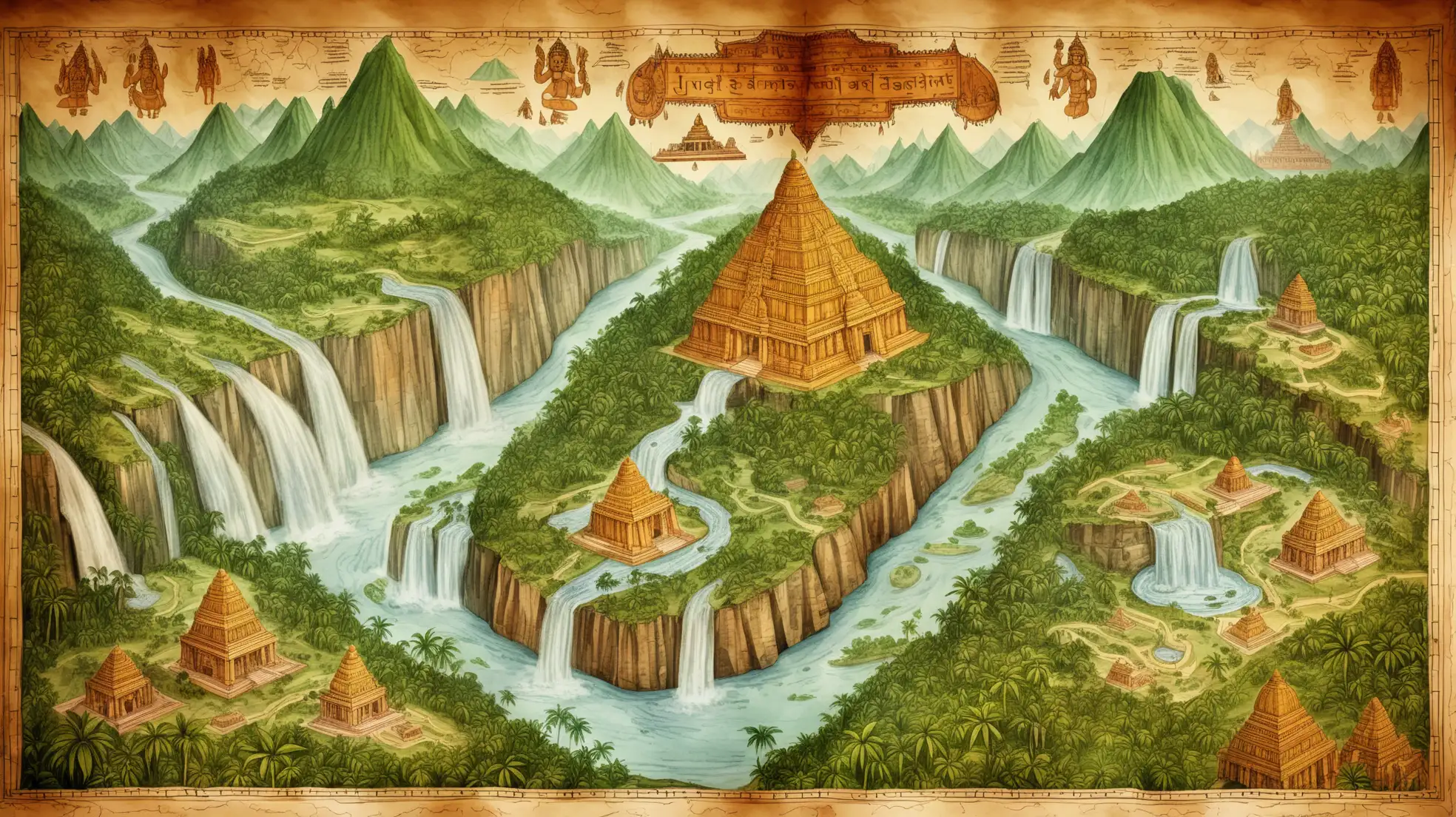 ancient drawn map of jungle, India, mountains, waterfalls, rivers, temple