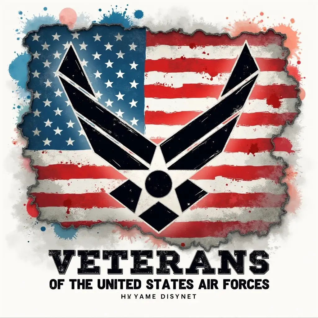 A bold tribute to U.S. Air Force veterans featuring the Air Force emblem in black with two red stars. The words 'Veteran of the United States Air Force' are displayed in strong, military-style typography. The background consists of a weathered American flag with a torn metal texture effect, revealing blue and red watercolor splashes beneath. Vector illustration, Alcohol Ink  