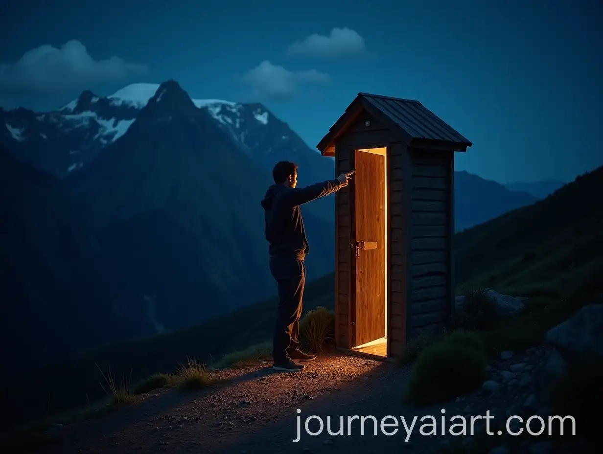 Man-with-Torch-Opening-Door-in-Mountain-House-at-Night