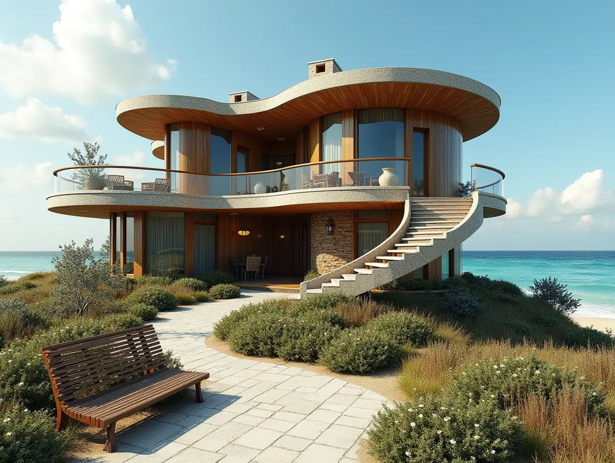 AI Crooked House with a side line to the beach  Planting-with wood Stuck in the form of plant ornaments, large windows with glass closed, curved, smooth window shapes, winding big entrance staircase from marble complex, curved roof with dike, lanterns, bench on the beach with lending view to the sea 4K resolution colorful wide-angle shots