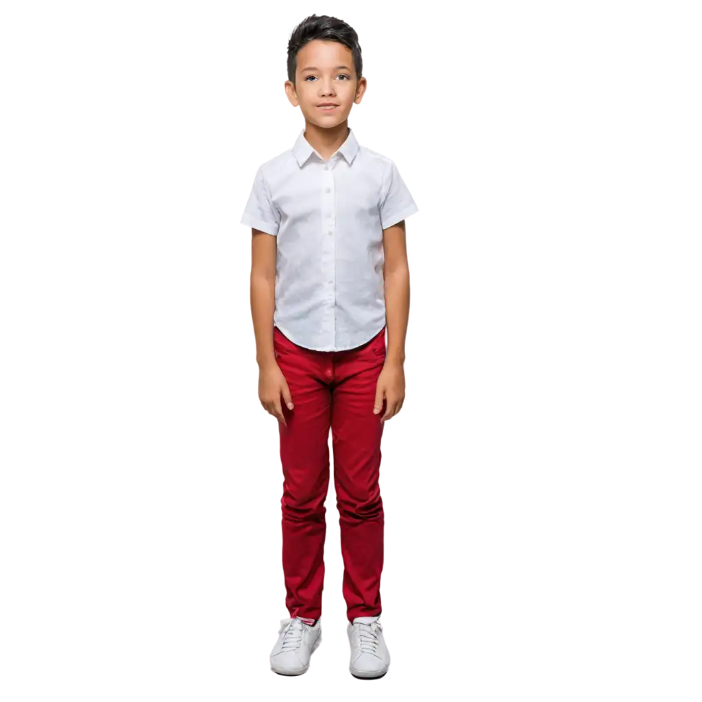 Indonesian boy standing upright with hands in pockets, 8 years old, wearing a white shirt and red pants. shirt tucked into pants (formal)