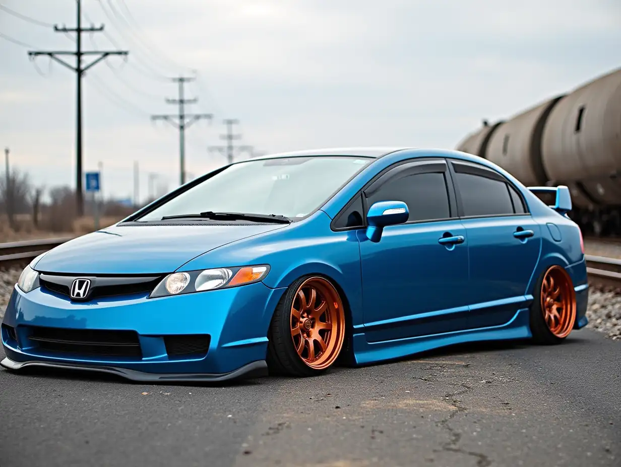 Lowered 2009 Honda civic sedan atomic blue in color with burnt orange metallic wheels in front of railroad tracks