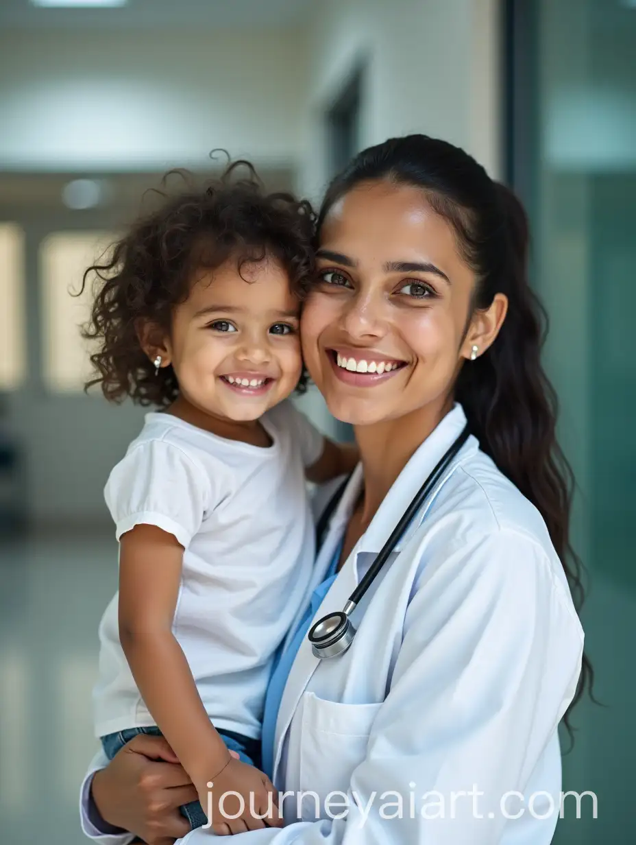 Indian-Doctor-Holding-Smiling-Child-in-Hospital-Background