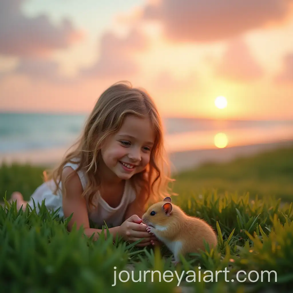 Young-Girl-Playing-with-Hamster-on-Beach-at-Sunset