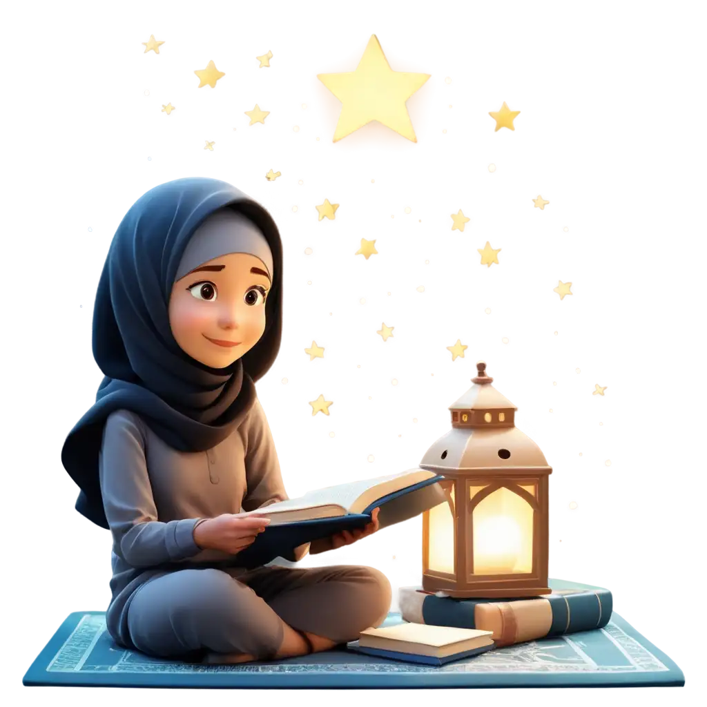 Cute-Muslim-Girl-in-Hijab-Reading-Quran-on-Starlit-Night-Cartoon-PNG-Image