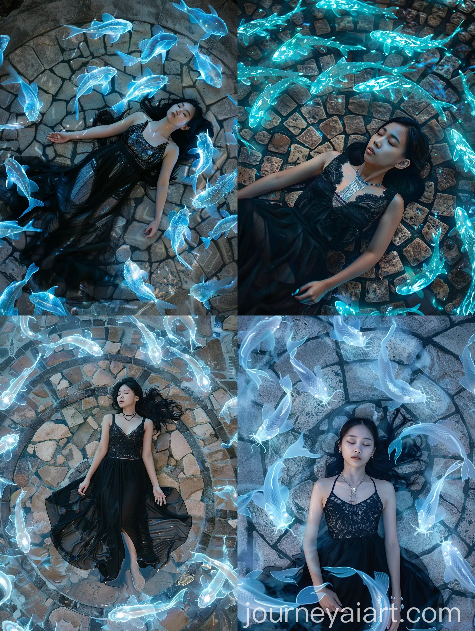 Surreal-Asian-Woman-with-Glowing-Ethereal-Fish-on-Stone-Ground