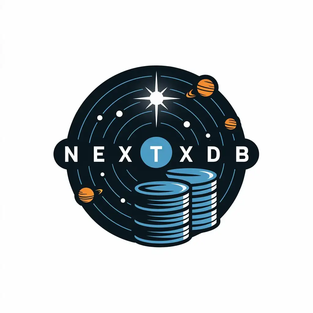 a vector logo design,with the text ""NextXDB"", main symbol:solar system plus database,complex,clear background