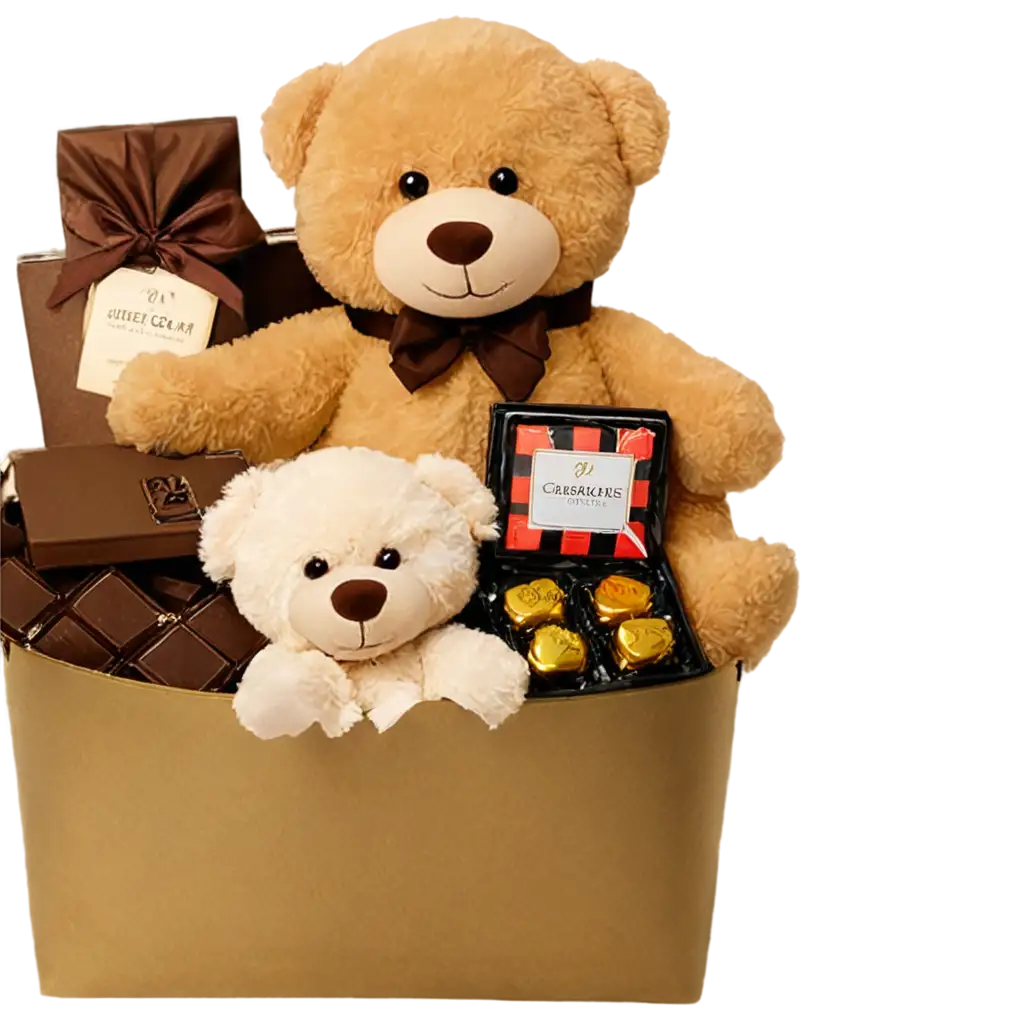 Generate a luxury gift basket showcasing a mix of chocolates and plush toys for 'Pleasure Gift Basket.'