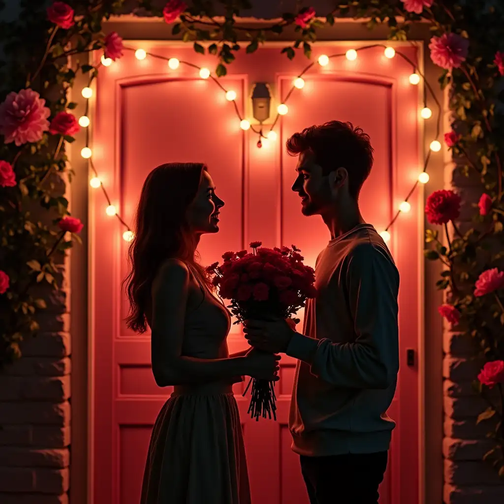 Two people, a man and a woman, young couple, stand in front of a romantic door decorated with Valentine's Day light bulbs and various Valentine's Day flowers. The boy sends a bouquet to the girl, and the girl looks at him with surprise and affection. The two of them stand on the right side of the picture, and the door is displayed on the left side. The door is clear, realistic, photographed, and the picture is delicate and delicate,