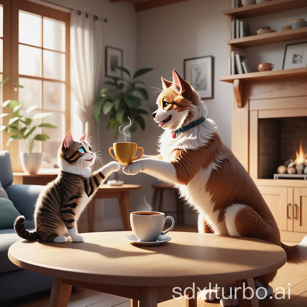 Dog-and-Cat-Playfully-Interacting-at-Cozy-Wooden-Table-in-Living-Room