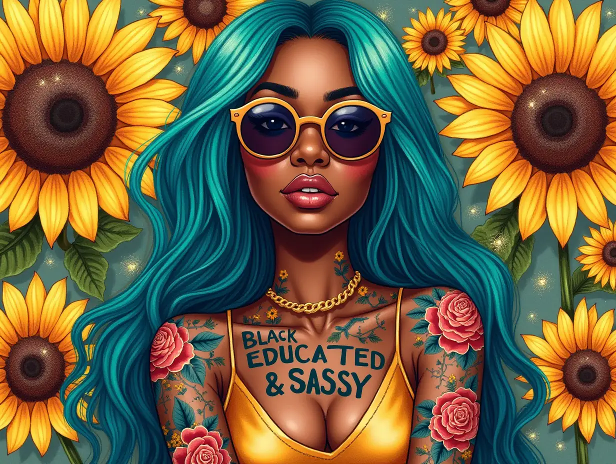 Vintage-style, Watercolor Art. A vibrant, hyperrealistic illustration featuring a confident Black woman with long, flowing blue and green hair. She is wearing round sunglasses and displaying visible tattoos adorned with colorful roses on her arms and shoulders. The background is filled with large, bright sunflowers, creating a warm and inviting atmosphere. The color palette is a mix of turquoise, gold, and bold floral hues, with sparkling glitter accents that catch the eye. Prominently displayed text states “BLACK EDUCATED & SASSY” in bold, striking letters. The overall aesthetic is modern, stylish, and empowering, radiating self-confidence and beauty.