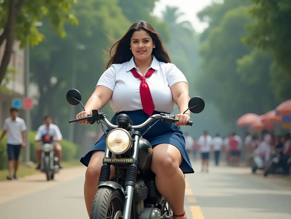 Confident-PlusSize-Indian-Woman-with-Giant-Muscles-Riding-Motorcycle-in-School-Playground