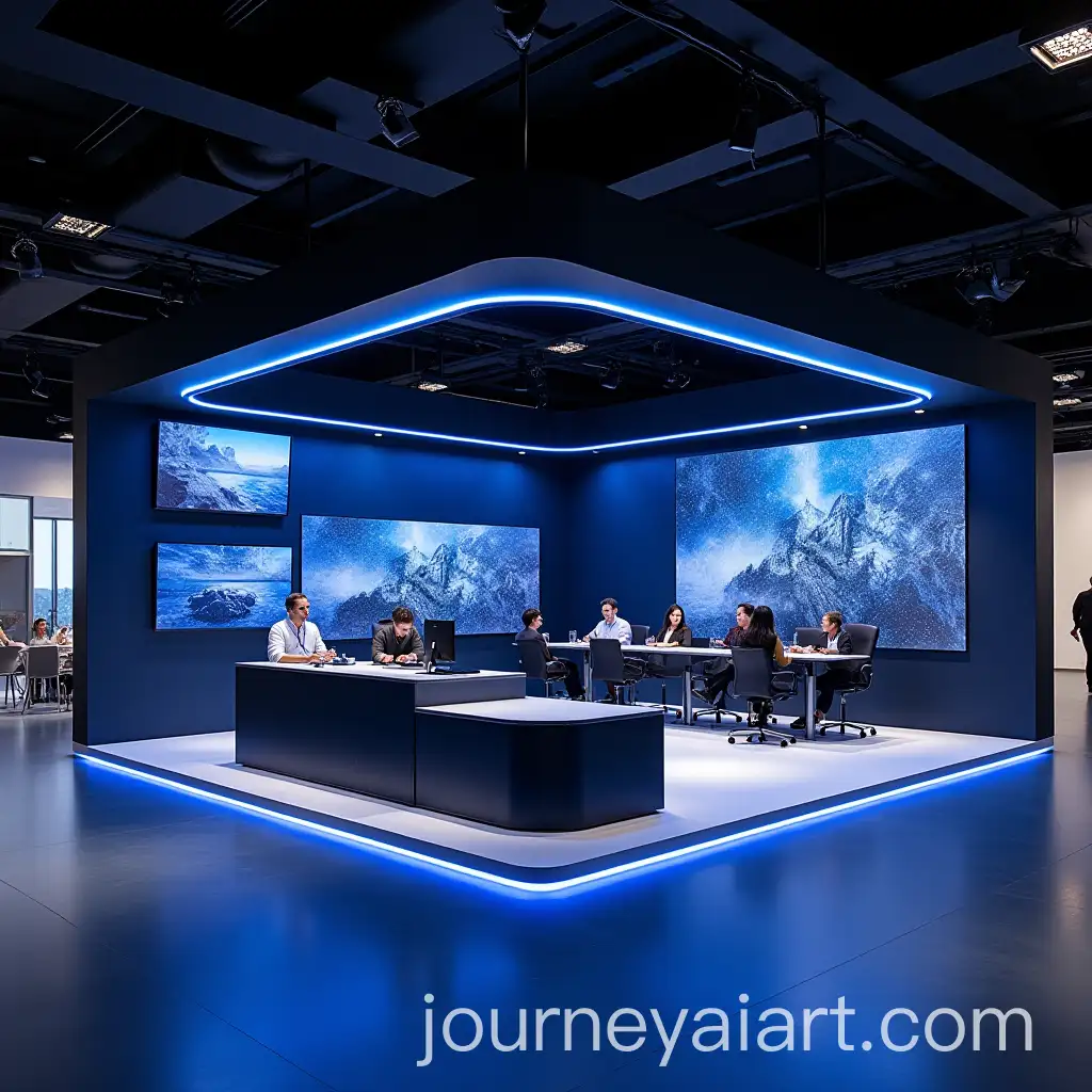 Modern-Exhibition-Stand-with-Bold-Blue-and-Black-Design-Featuring-TVs-and-Meeting-Room
