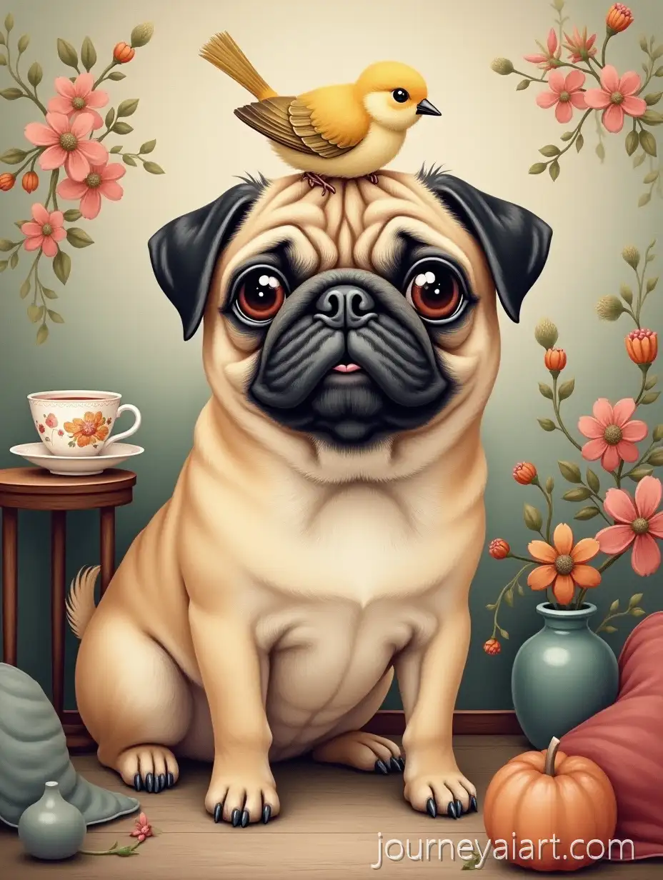 WhWhimsical-pug-in-vintage-interiorimsical-Pug-in-Cozy-Vintage-Interior-with-Bird-on-Head