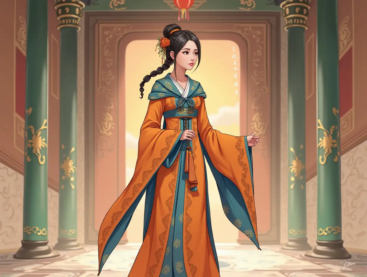 a digital illustration of a woman in a traditional Chinese dress. She is standing in a room with ornate decorations and pillars in the background. The woman is wearing a long, flowing orange and blue dress with intricate patterns and designs. a blue and orange scarf draped over her shoulders. Her hair is styled in a bun and she is looking off to the side with a serious expression on her face. The overall style of the illustration is reminiscent of traditional Chinese art.