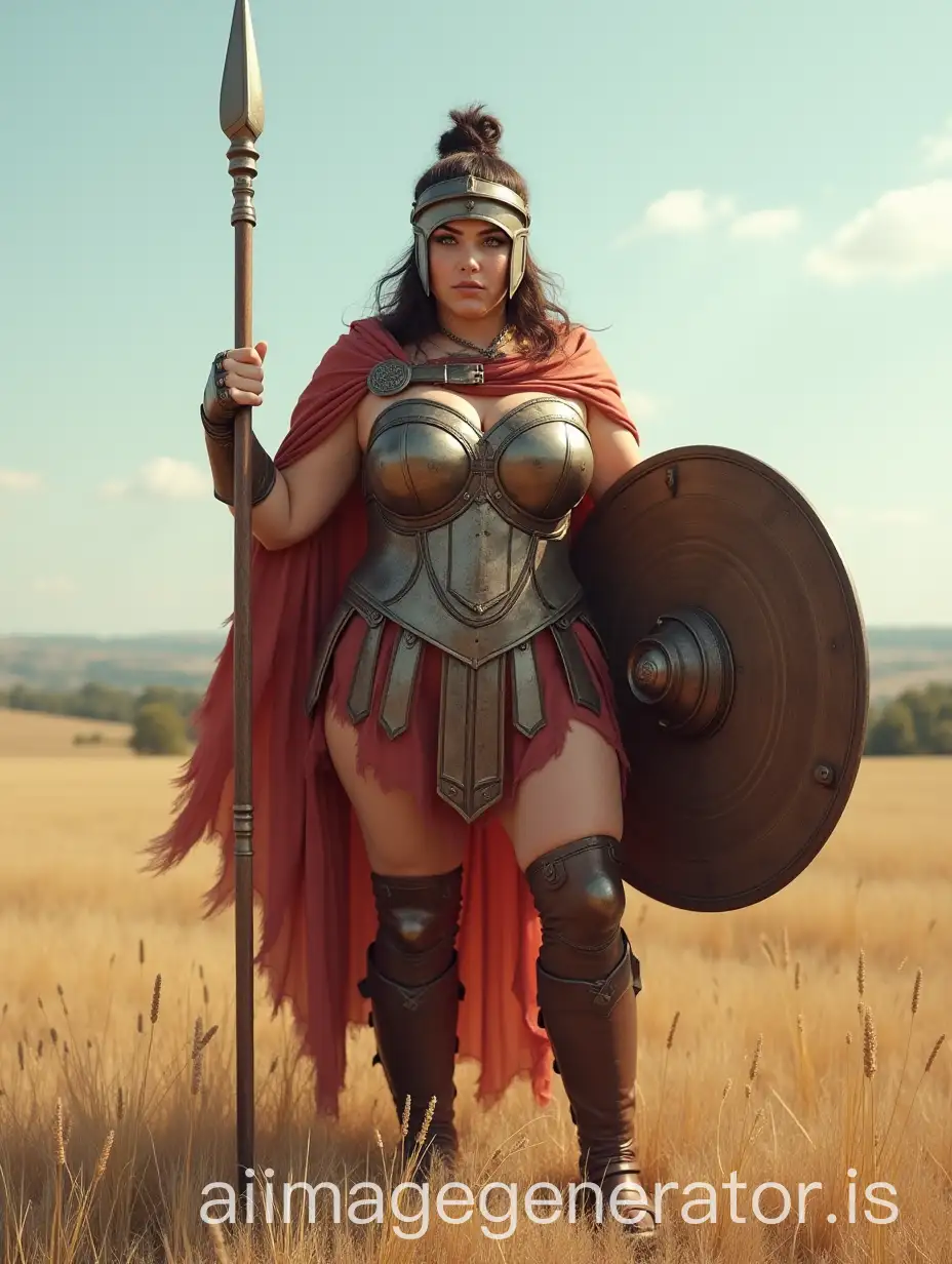 Chubby-Woman-in-Greek-Armor-Holding-Spear-and-Shield-in-an-Open-Field