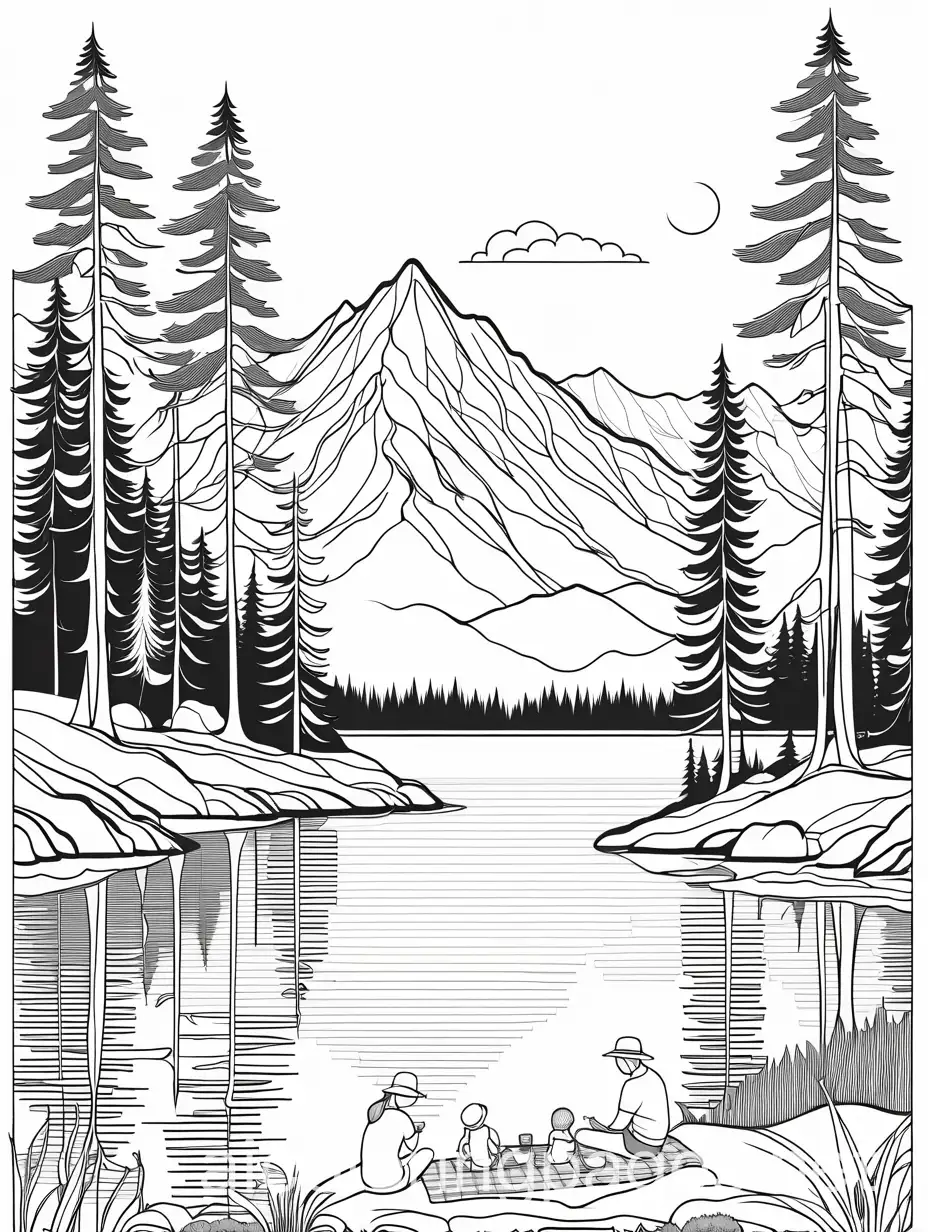 A mountain lake with clear water, pine trees, and a couple having a picnic on the shore., Coloring Page, black and white, line art, white background, Simplicity, Ample White Space. The background of the coloring page is plain white to make it easy for young children to color within the lines. The outlines of all the subjects are easy to distinguish, making it simple for kids to color without too much difficulty