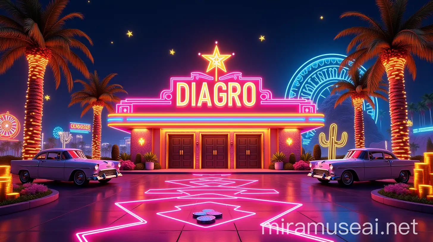 Vibrant NeonLit Casino Entrance Scene with Glowing Marquee Sign