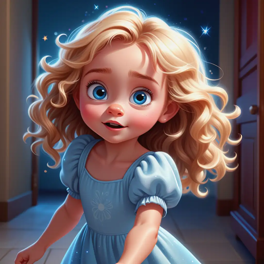 3YearOld Girl in Sparkling Blue Dress Expressing Astonishment in Cartoon Style