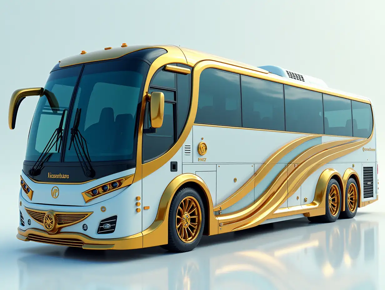 Modern utopian sports bus in gold and white lightning blue color with round ornaments, lowered body, 18-inch rims, aluminum wheels, cream blue gold, cyberpunk.